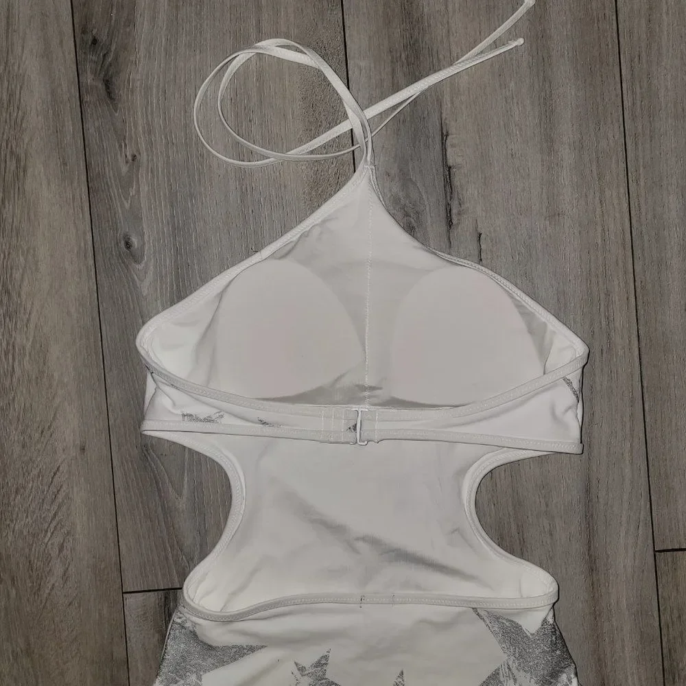 Aerie Women's Winter White Low Back Star Print High Leg Halter Swimsuit …